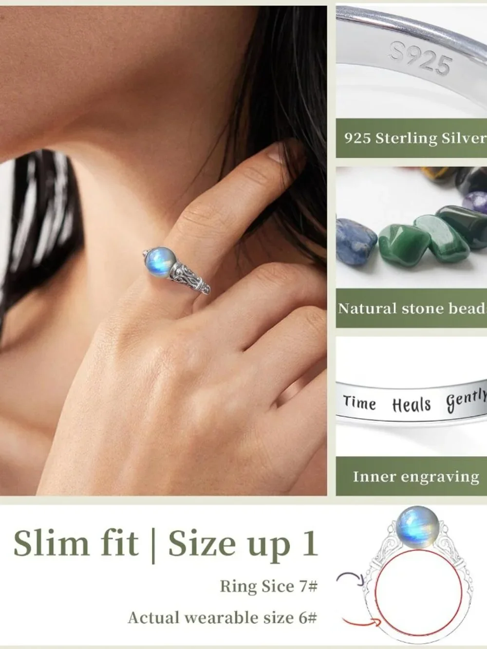 Natural Gemstone Decompression Swivel Ring - 925 Sterling Silver Anxiety Relief
